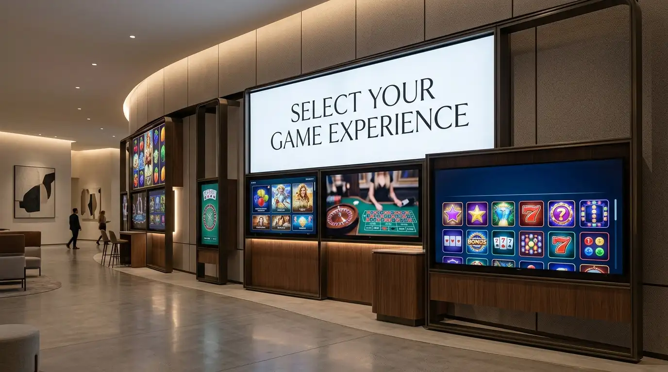 Live dealer table screens and slot-style game tiles arranged across a neutral casino lobby display