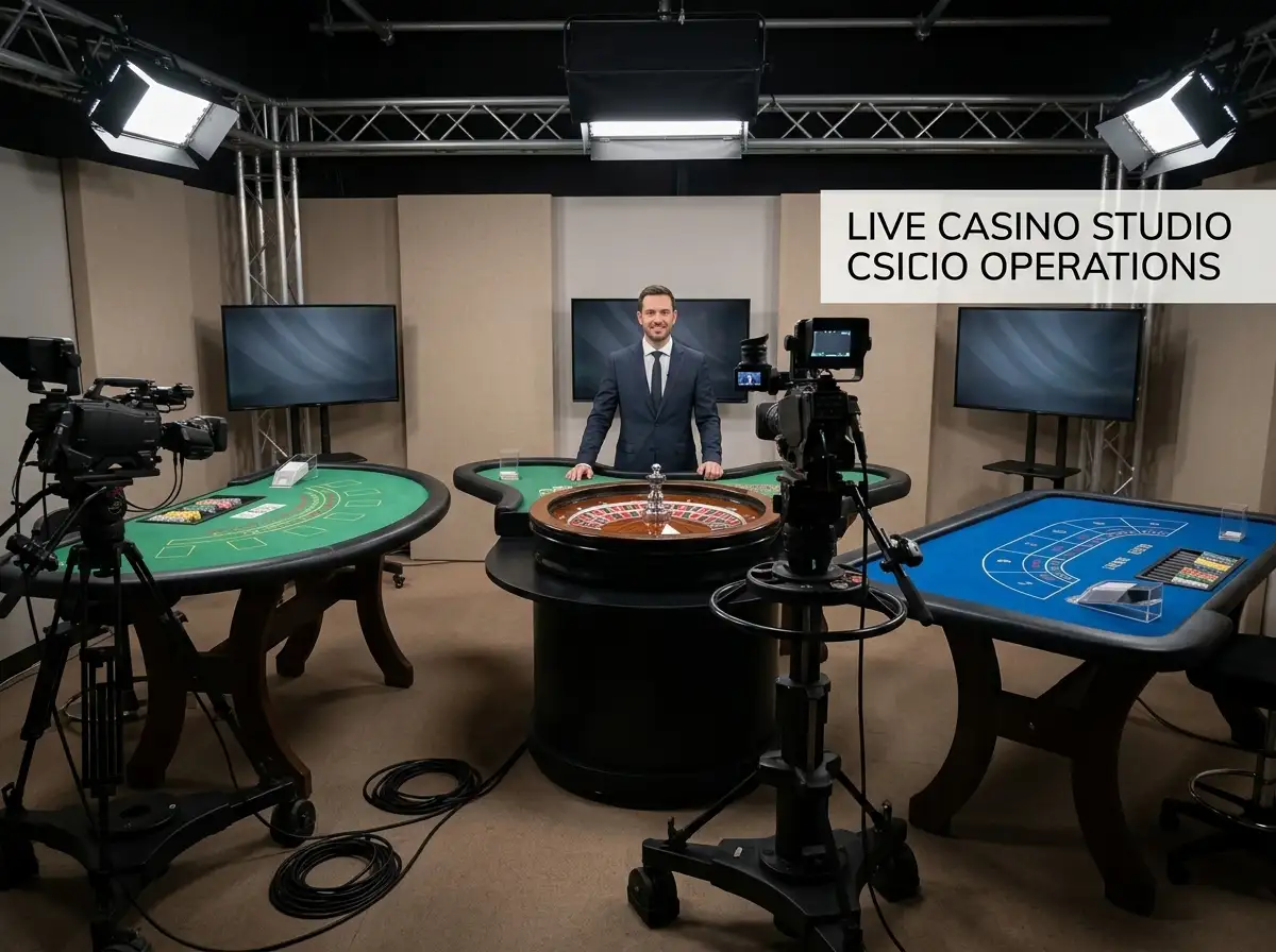 Live-dealer studio with roulette, card tables and camera equipment