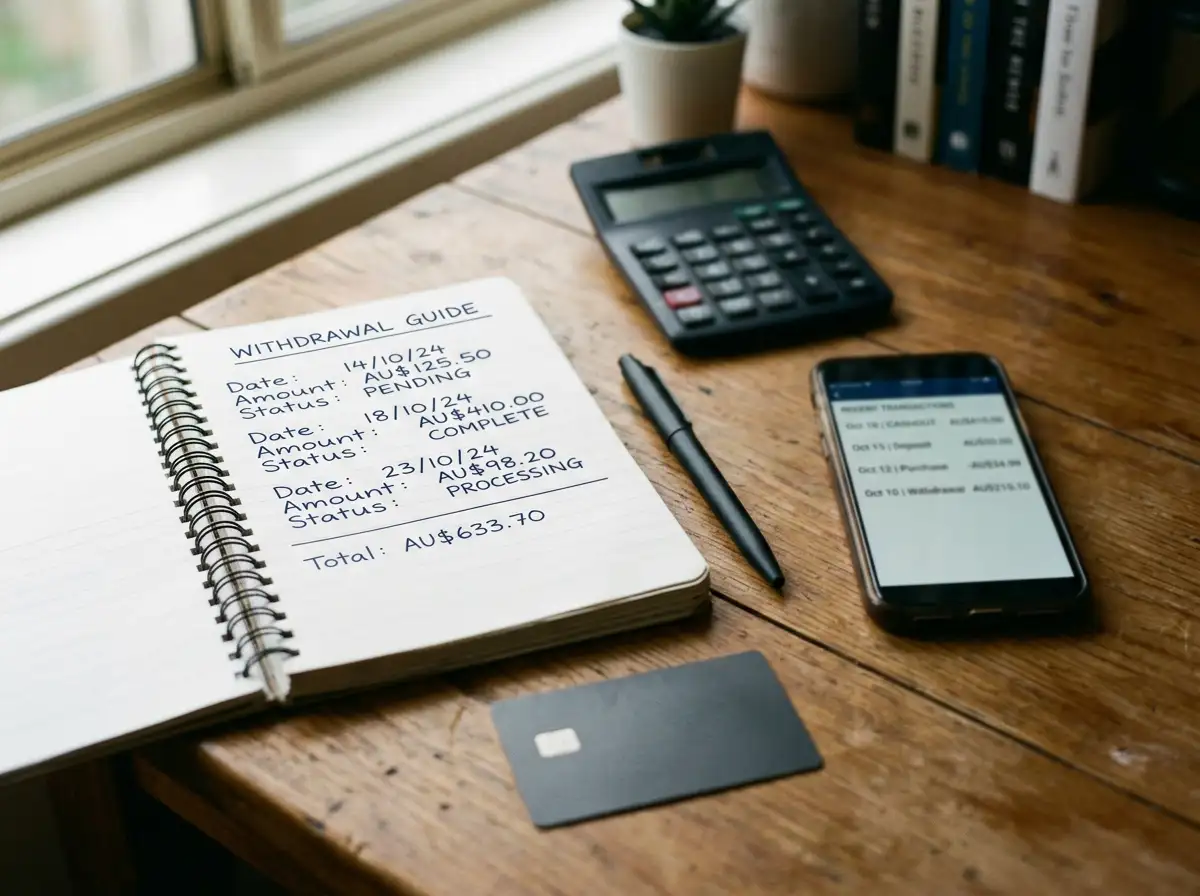 Notebook with withdrawal amounts beside a calculator and a payment card
